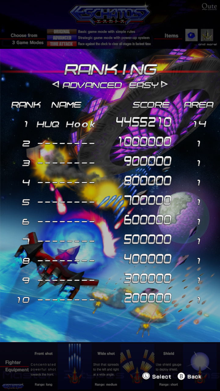 Screenshot: Eschatos local leaderboards of Advanced mode on Easy difficulty, showing HUQ at 1st place with a score of 4 455 210